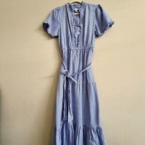 Blue & White Striped Tiered Midi Dress with Belt